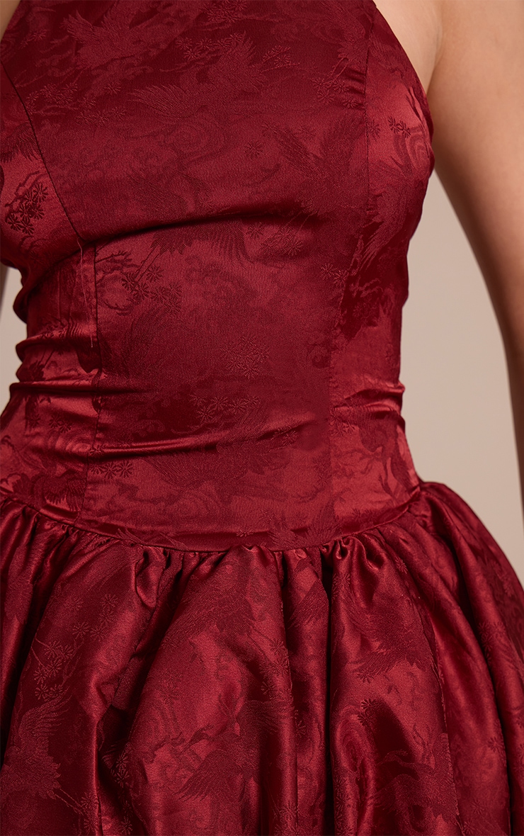 Burgundy Woven Jacquard Halterneck Puffball Dress image 4