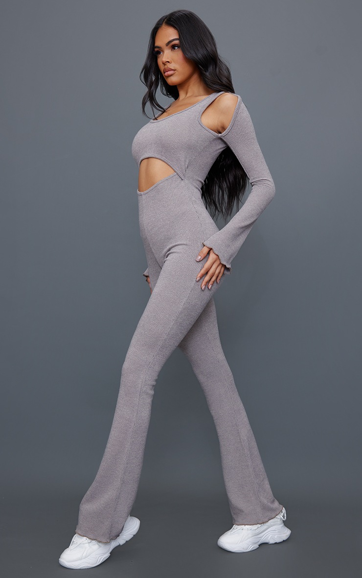 Taupe Soft Rib Cut Out Flared Sleeve Jumpsuit image 3