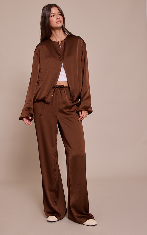 Dark Brown Textured Satin Drawstring Straight Leg Pant