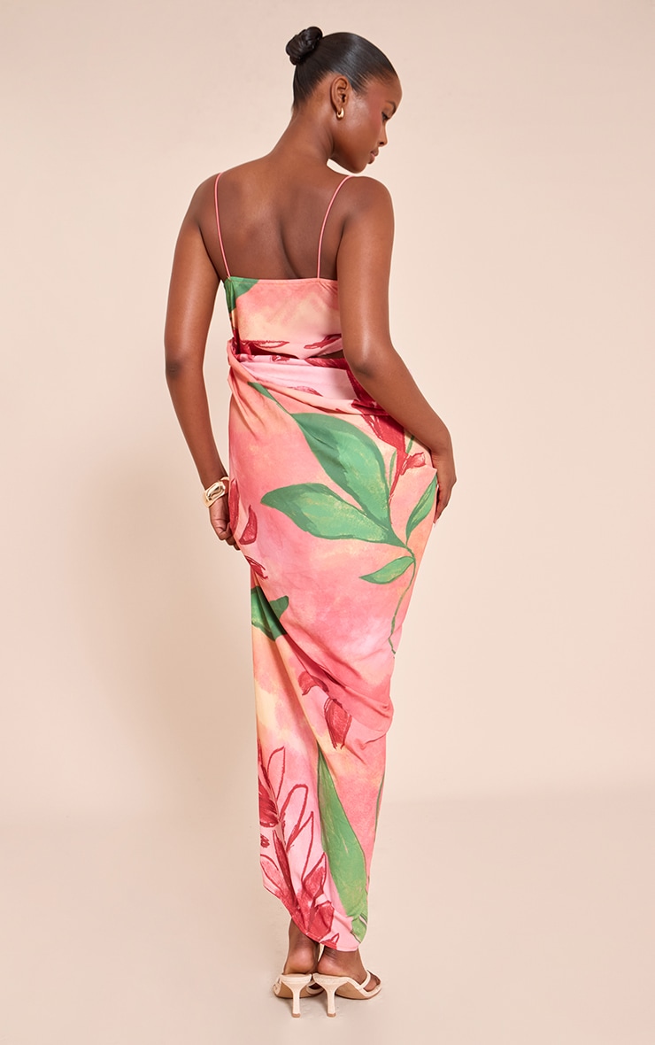 Orange Floral Chiffon Drape Cut Out Midaxi Dress image 2