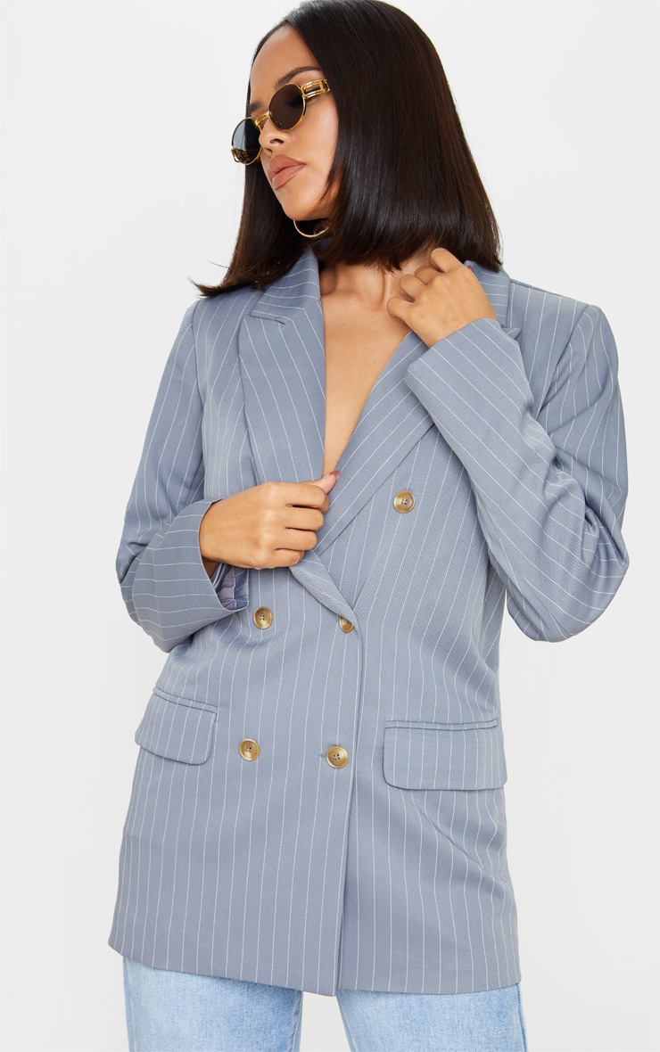Grey Oversized Pinstripe Woven Blazer