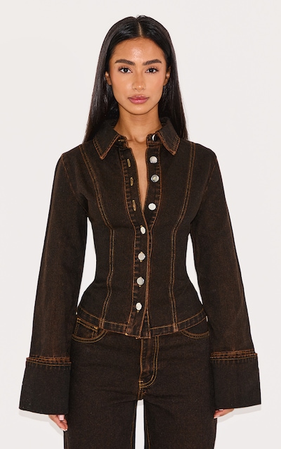 Petite Brown Long Sleeve Fitted Denim Shirt