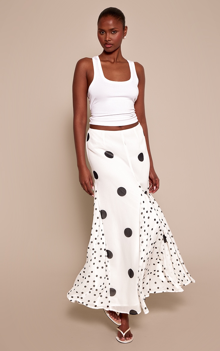 Cream Polka Dot Contrast Print Chiffon Maxi Skirt image 1