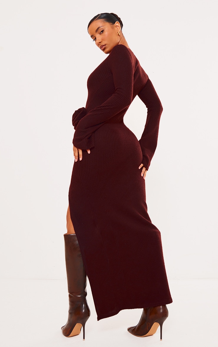 Chocolate Brushed Rib Corsage Detail Maxi Dress image 2