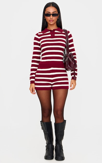 Petite Mini short en maille tricot bordeaux à rayures