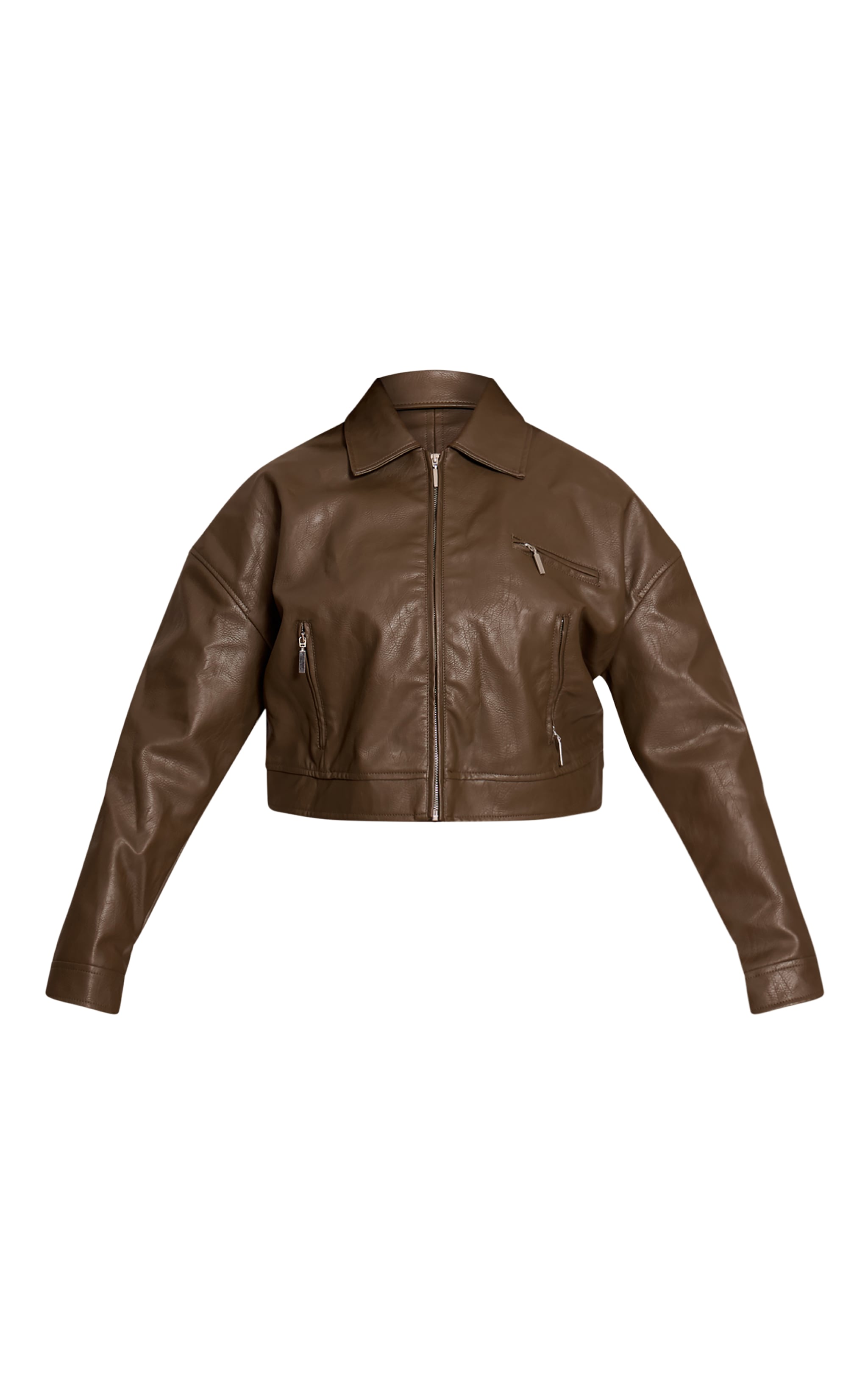 Plus Sage Green Textured Faux Leather Zip Up Minimal Biker Jacket image 5