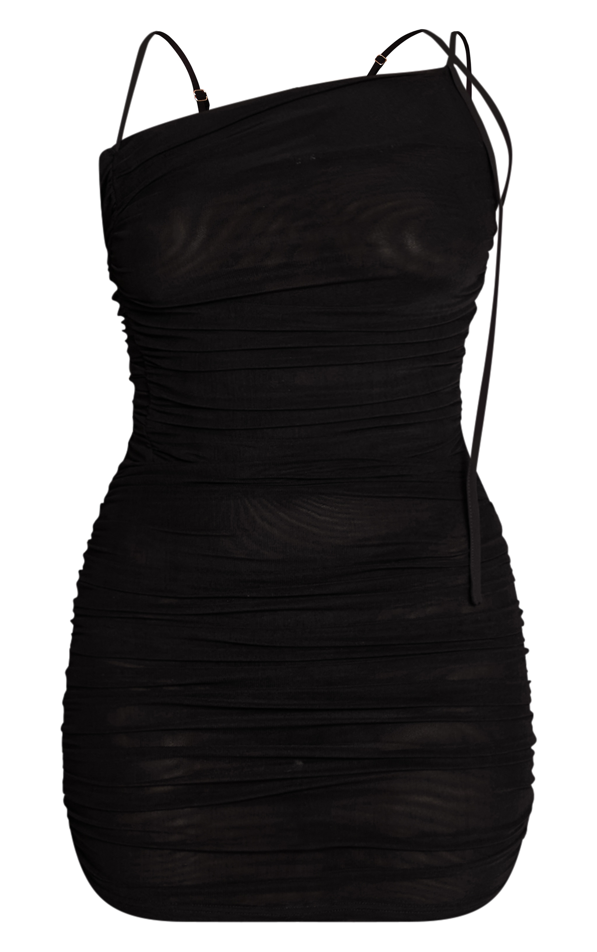 Black Mesh Ruched Asymmetric Mini Dress image 5