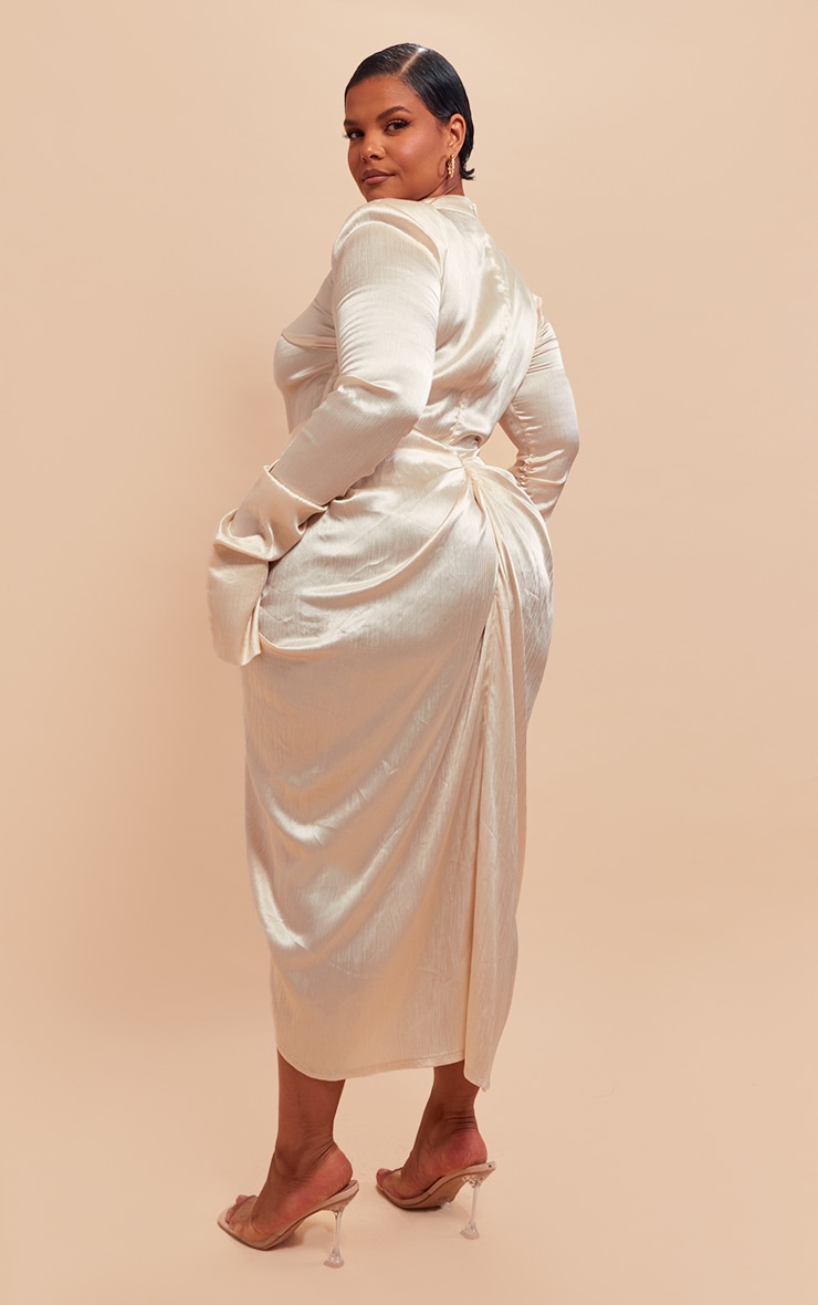 Plus Champagne High Neck Ruching Detail Satin Midi Dress image 2