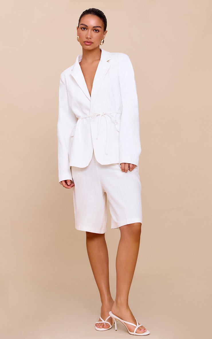 Off White Linen Look Tie Waist Blazer image 3