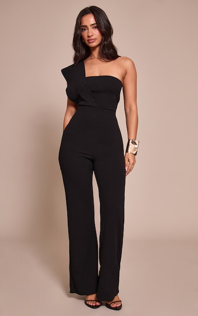 Petite Black One Shoulder Drape Jumpsuit