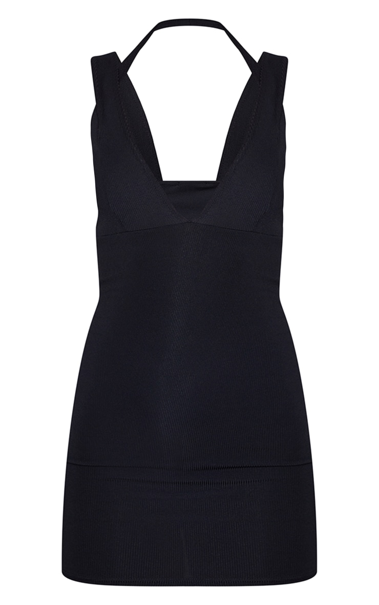 Black Ribbed Plunge Strap Detail Bodycon Dress image 1