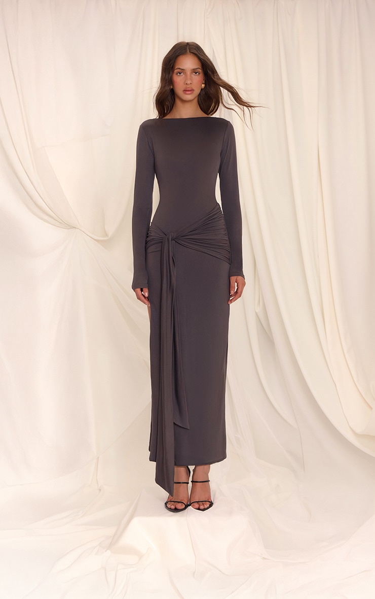 Charcoal Soft Touch Boat Neck Wrap Detail Maxi Dress