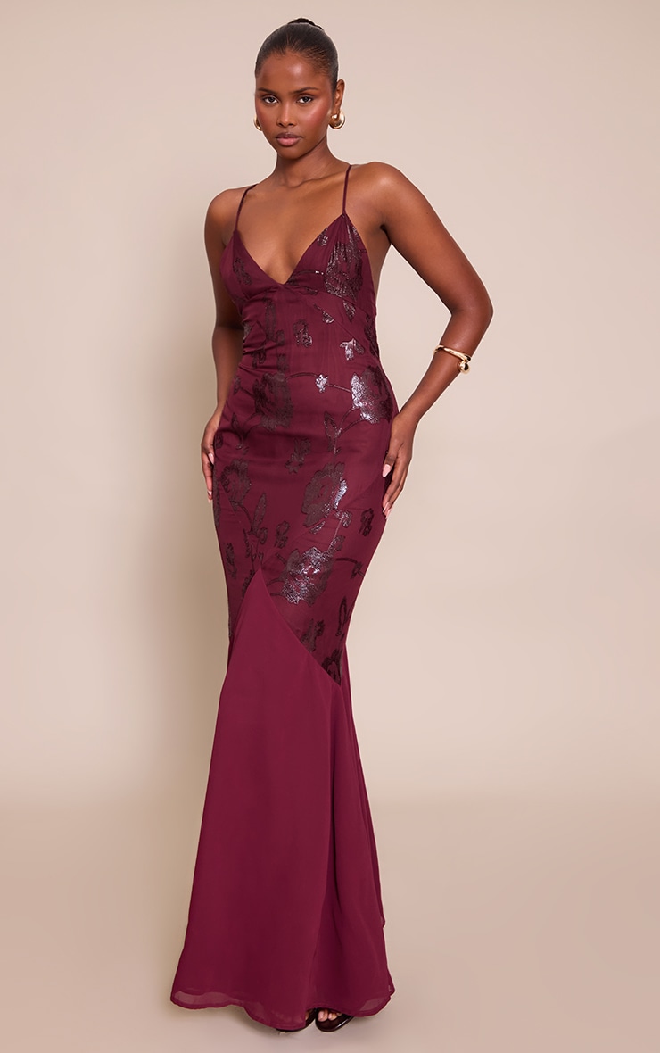 Wine Textured Strappy Fishtail Maxi Dress