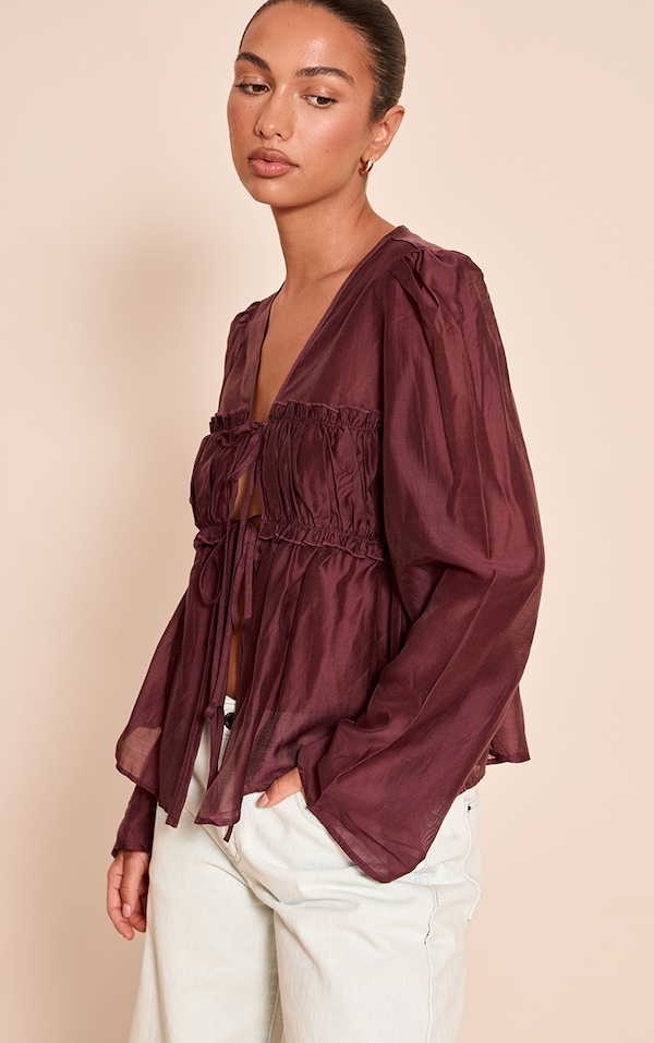 Chocolate Plum Chiffon Tie Front Ruched Blouse