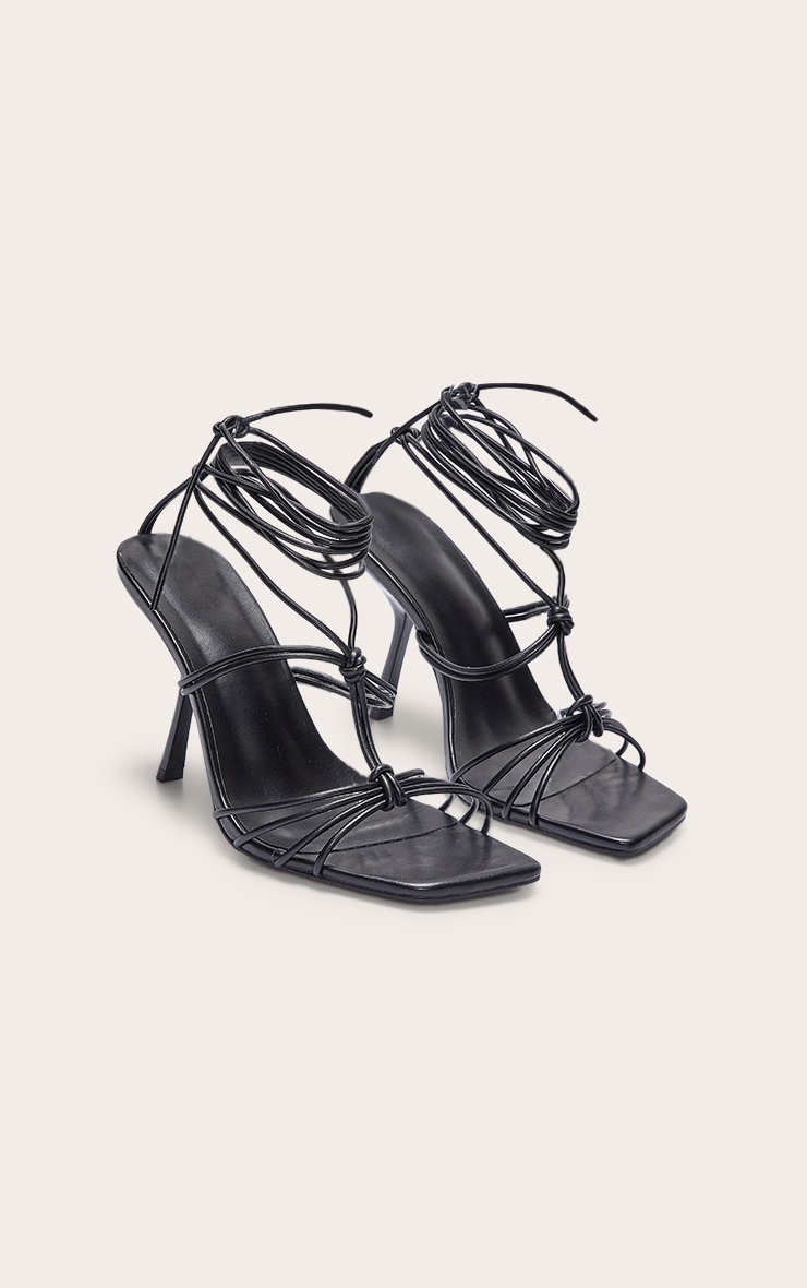 Black Wide Fit Pu Square Toe Knotted Strappy Lace Up Heeled Sandals image 3