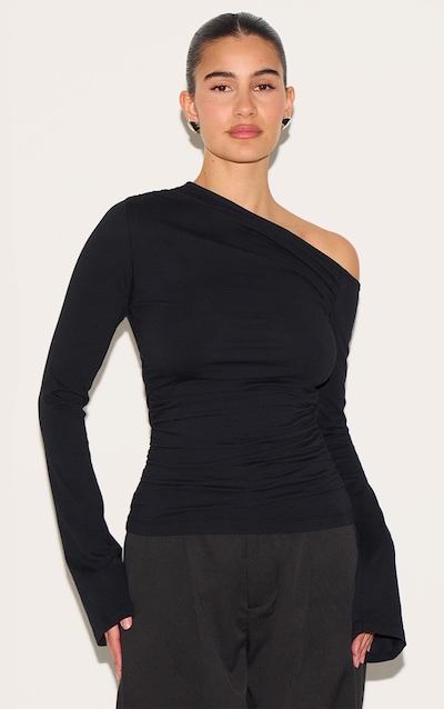 Black Asymmetric Ruched Flared Sleeve Long Top