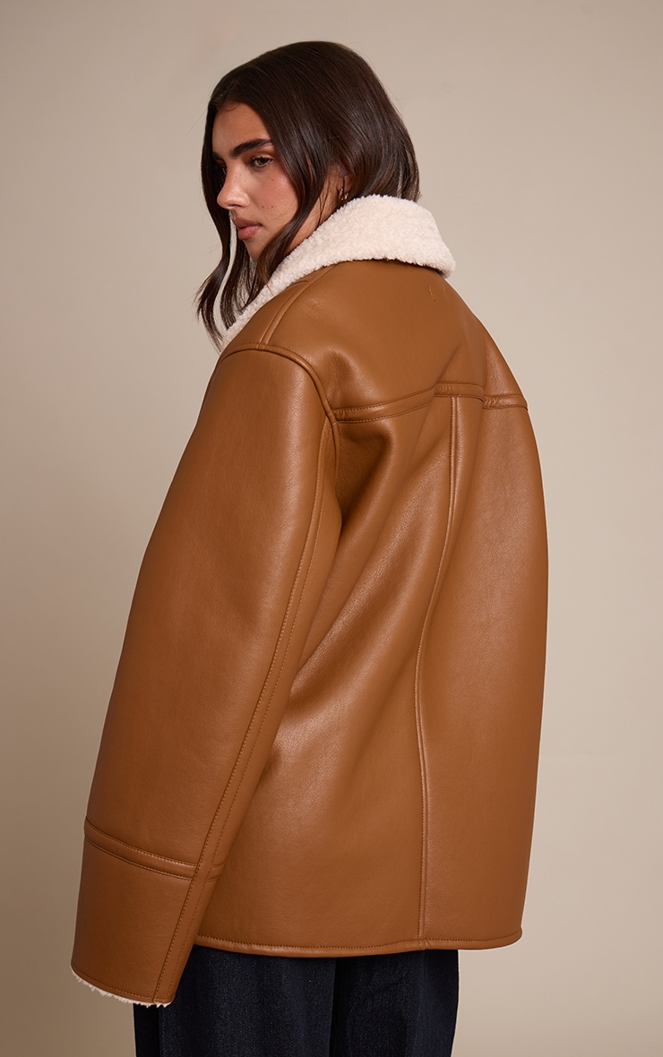 Tan Faux Leather Funnel Neck Aviator Coat image 2