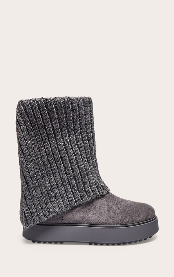 Grey Knit Fold Over Chunky Sole Boots