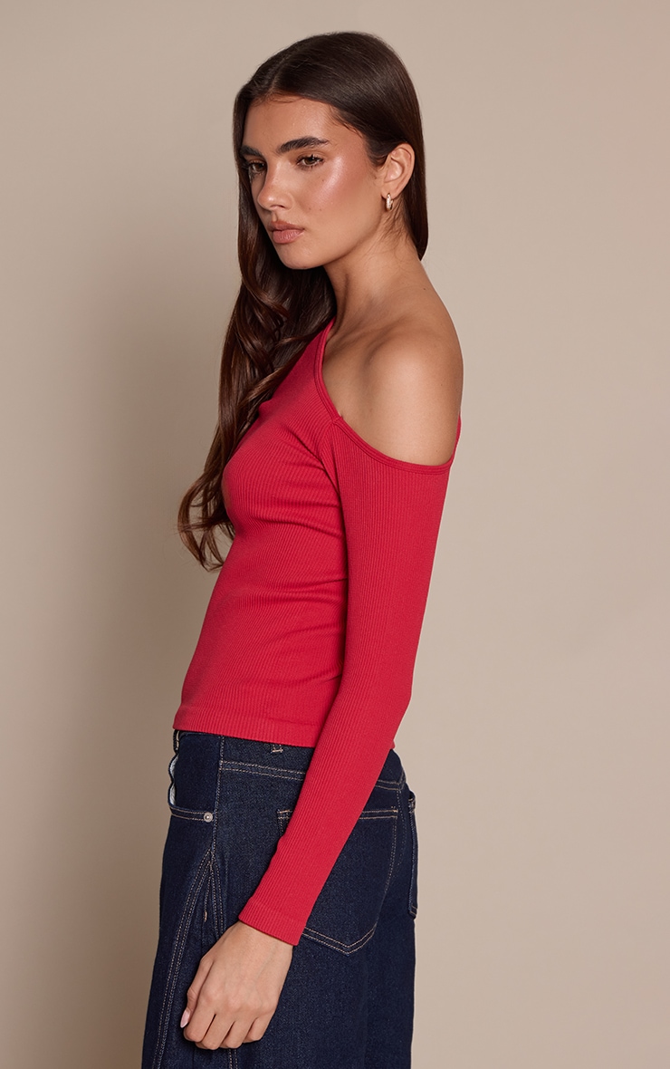Red Contour Rib Asymmetric Long Sleeve Top   image 2
