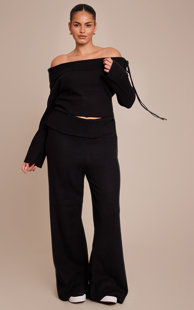 Plus Black Knitted Bardot Foldover Tie Detail Top  image 3