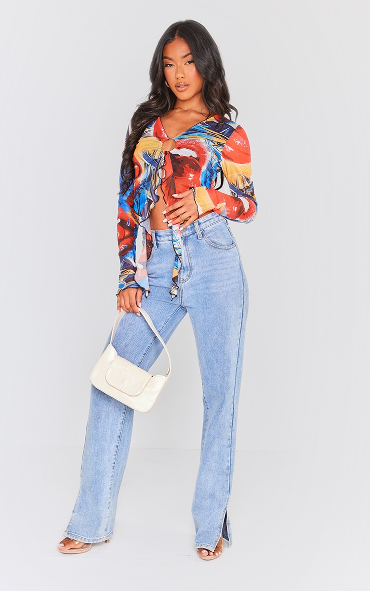 Bright Red Mesh Ring Detail Ruffle Long Sleeve Crop Top image 3