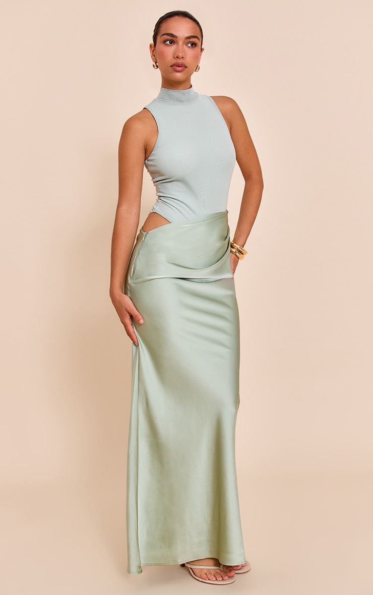 Sage Green Mesh Racer Satin Skirt Maxi Dress image 3