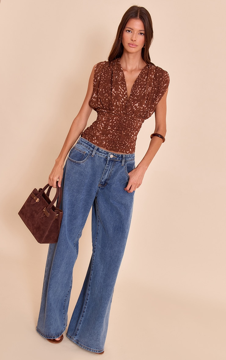 Brown Fawn Print Chiffon Plunge Ruched Bodice Top image 3