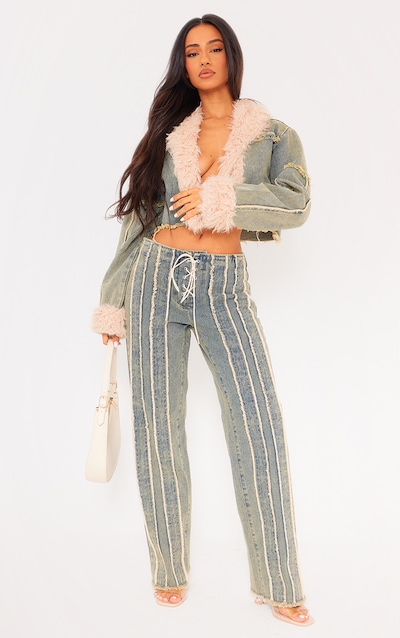 Petite Vintage Wash Fray Detail Lace Up Straight Leg Jeans