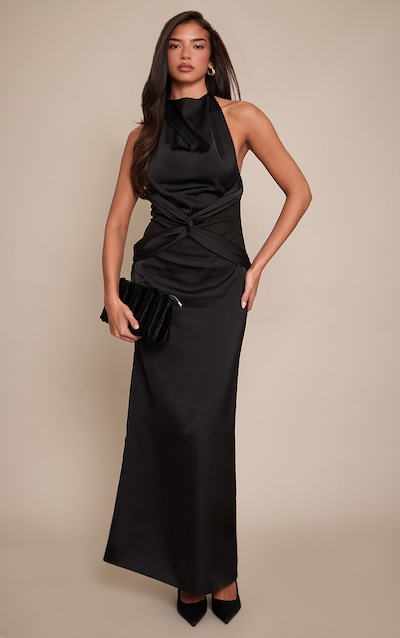 Black Satin Mesh Detail Maxi Dress