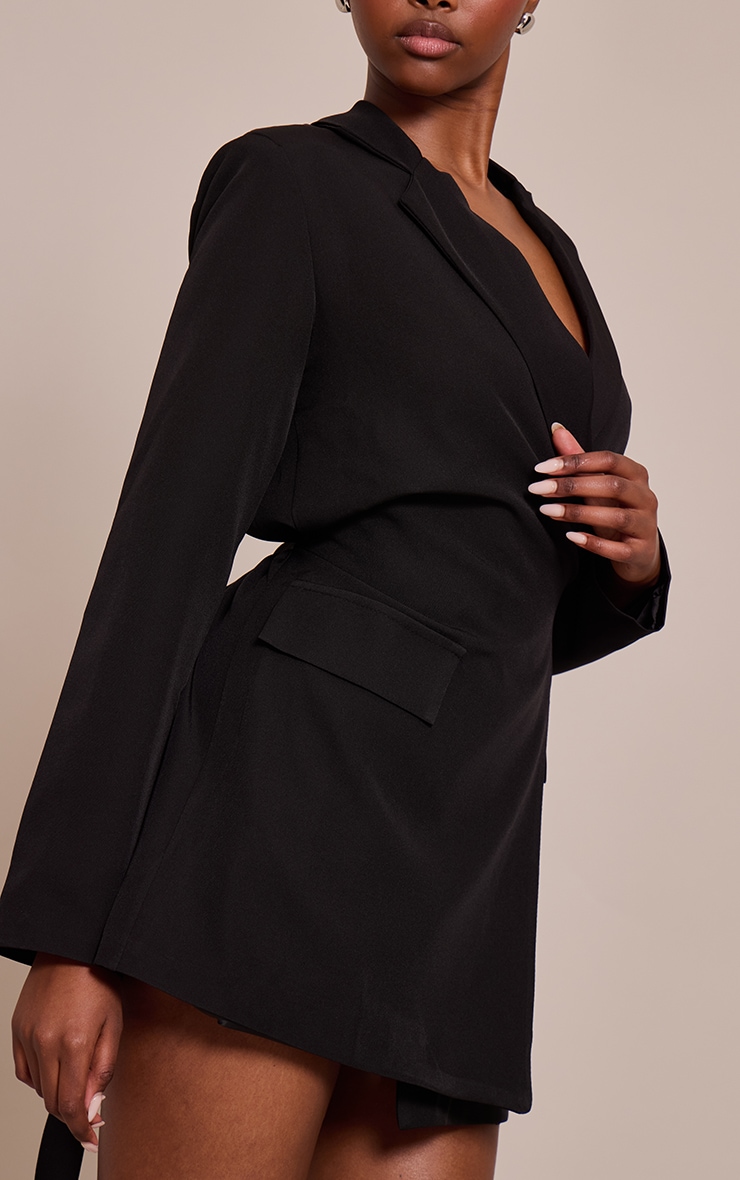 Black Woven Wrap Tie Blazer Dress image 3