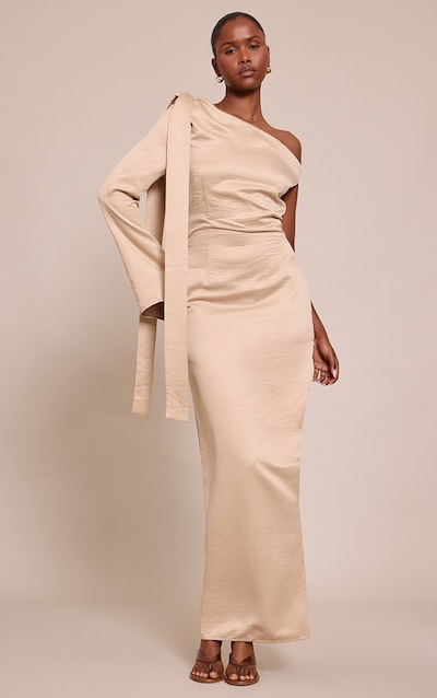 Robe mi-longue tissée texturée nude à épaule nouée