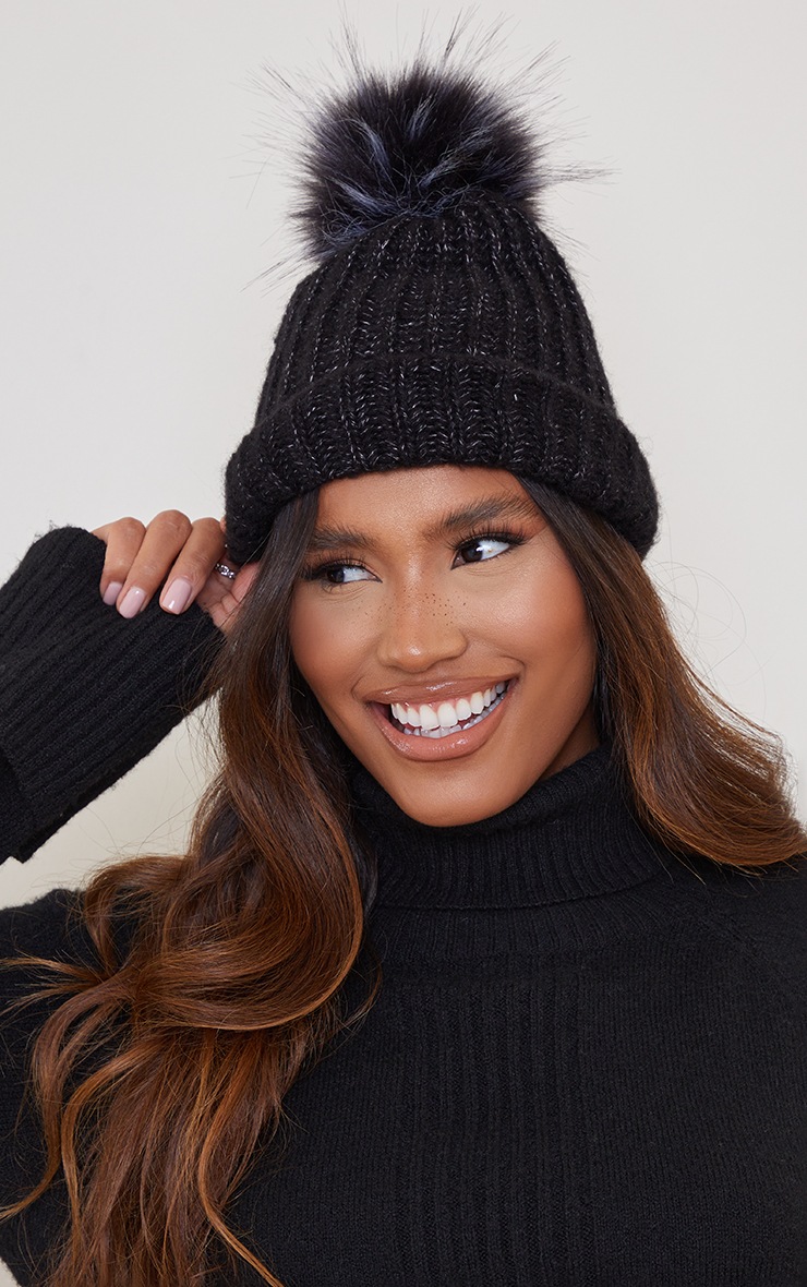 Black Knitted Oversized Pom Pom Beanie