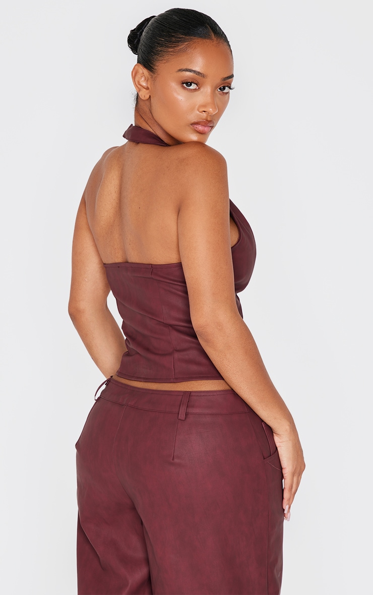 Shape Burgundy Washed Faux Leather Halter Neck Lace Up Corset image 2