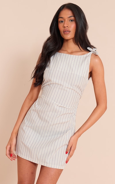 Tall Mini robe crème froncée à fines rayures et détails noués
