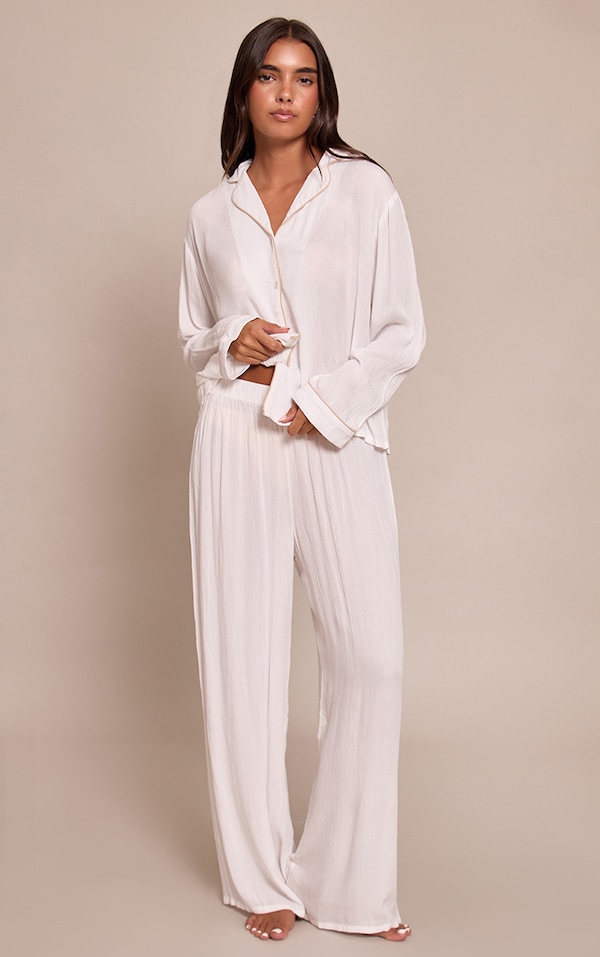 White Contrast Piping Crinkle Long Pj Set
