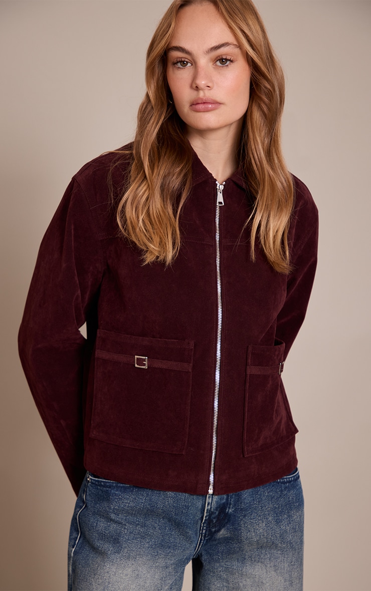 Veste en suédine bordeaux à empiècements sur les poches image 1