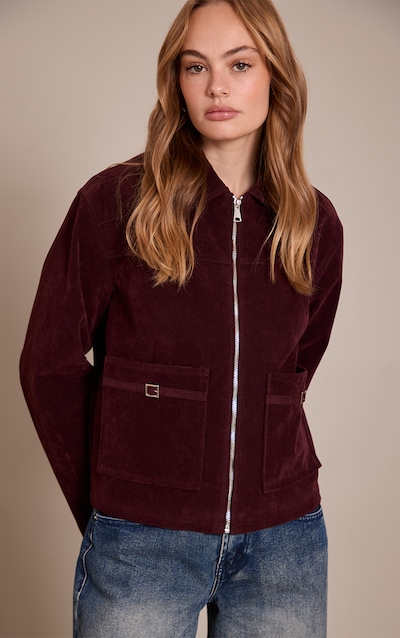 Burgundy Pocket Trim Faux Suede Jacket