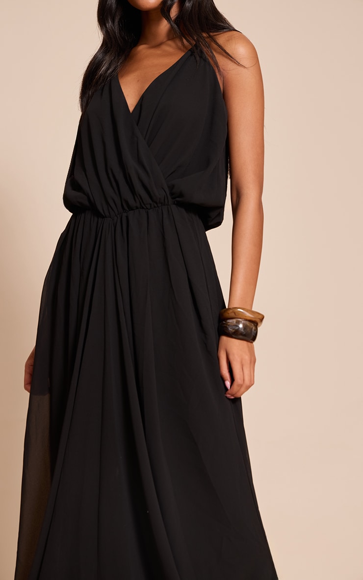 Tall Black Chiffon Drape V Neck Shift Maxi Dress image 4