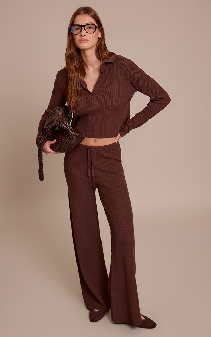 Pantalon large en maille tricot côtelée chocolat image 1
