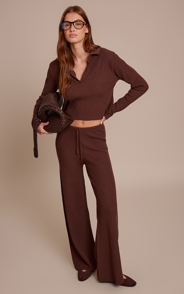 Pantalon large en maille tricot côtelée chocolat