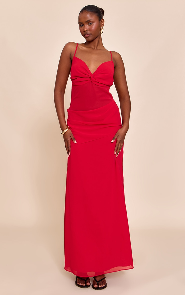 Robe longue en mousseline de soie rouge tomate à buste torsadé et partie en mesh image 1