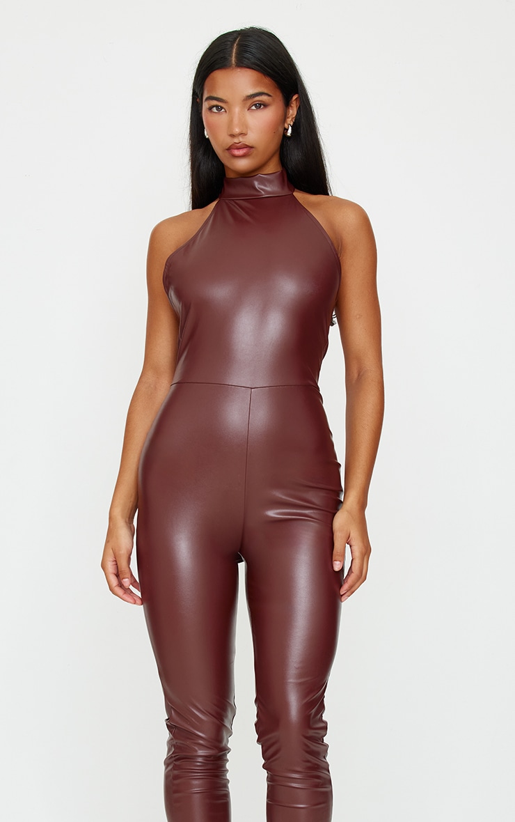 Chocolate Faux Leather Halterneck Back Tie Straight Leg Jumpsuit image 4