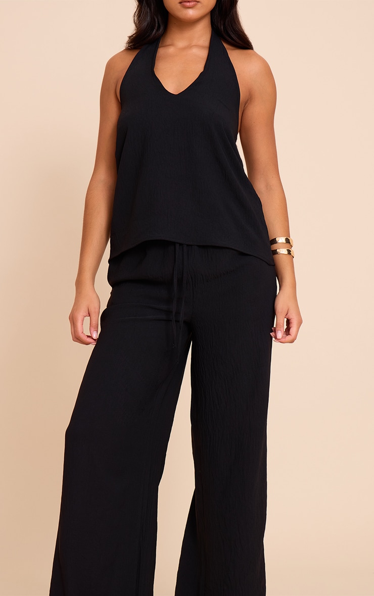Black Textured Woven Casual Wide Leg Pants image 2