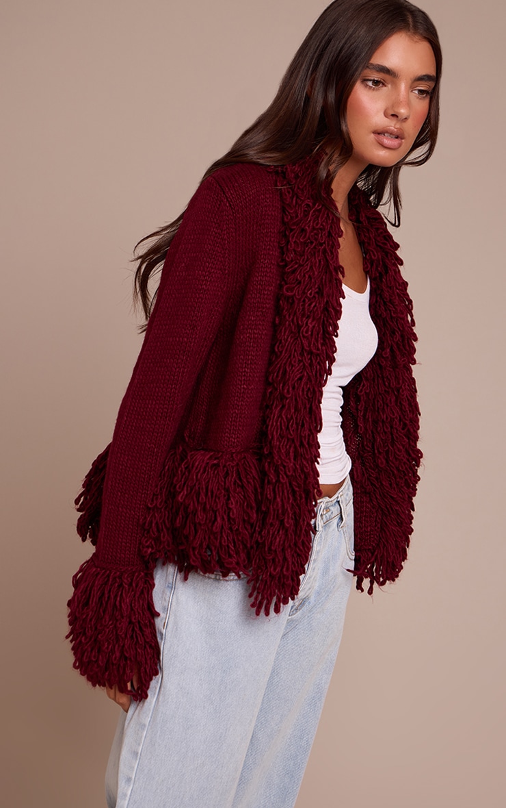 Cardigan en maille tricot bordeaux à bordures bouclées image 1