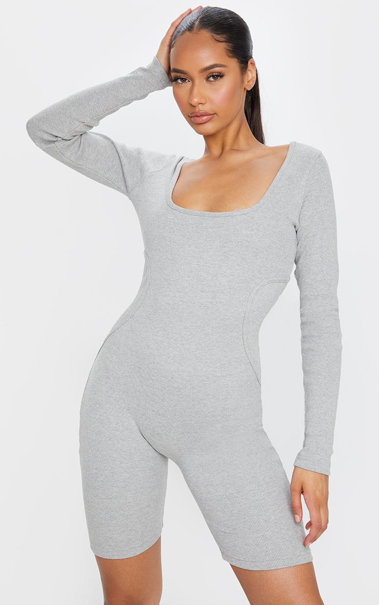 Grey Marl Thick Rib Binding Detail Long Sleeve Unitard