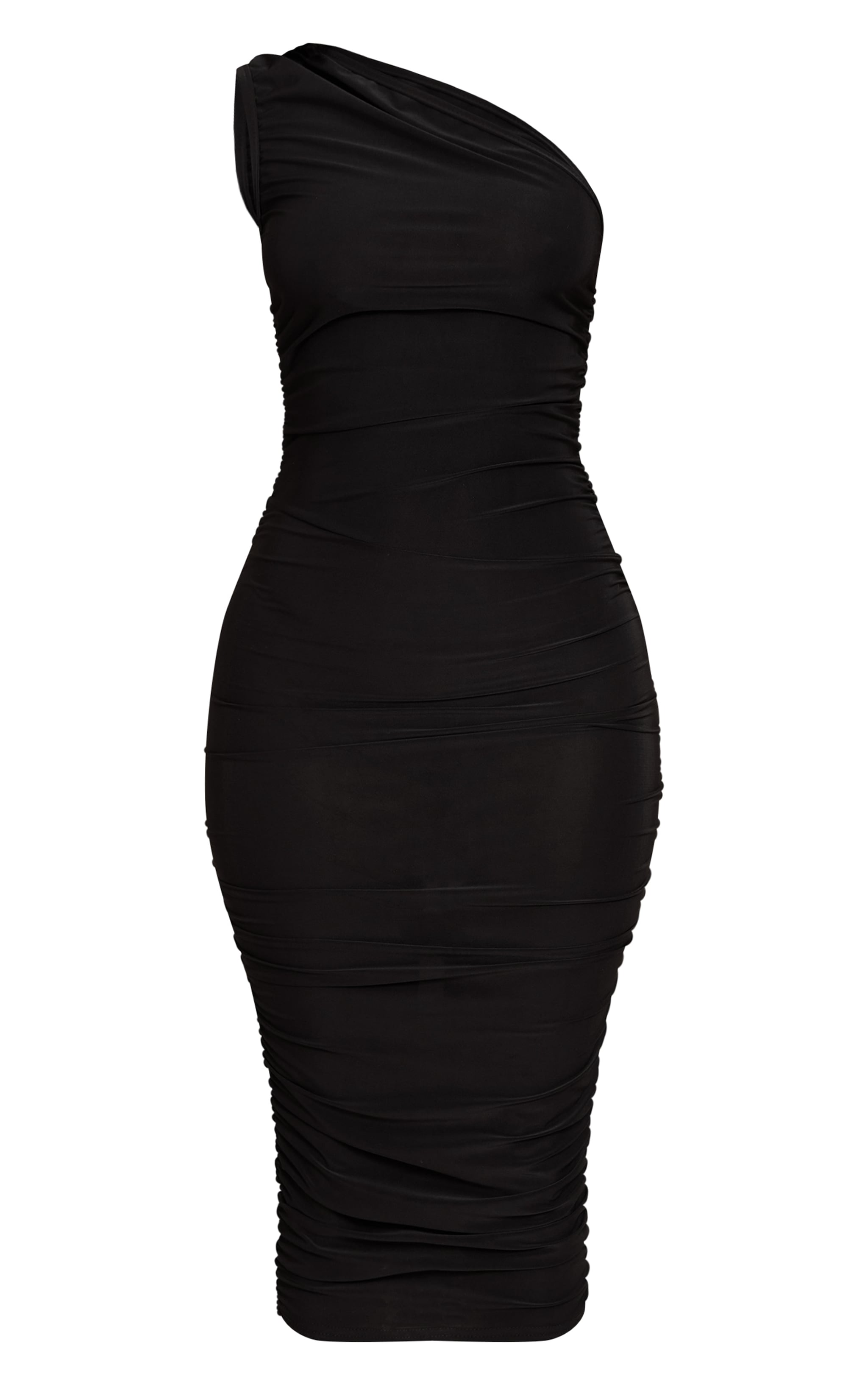 Petite Black Slinky Ruched One Shoulder Midi Dress image 5
