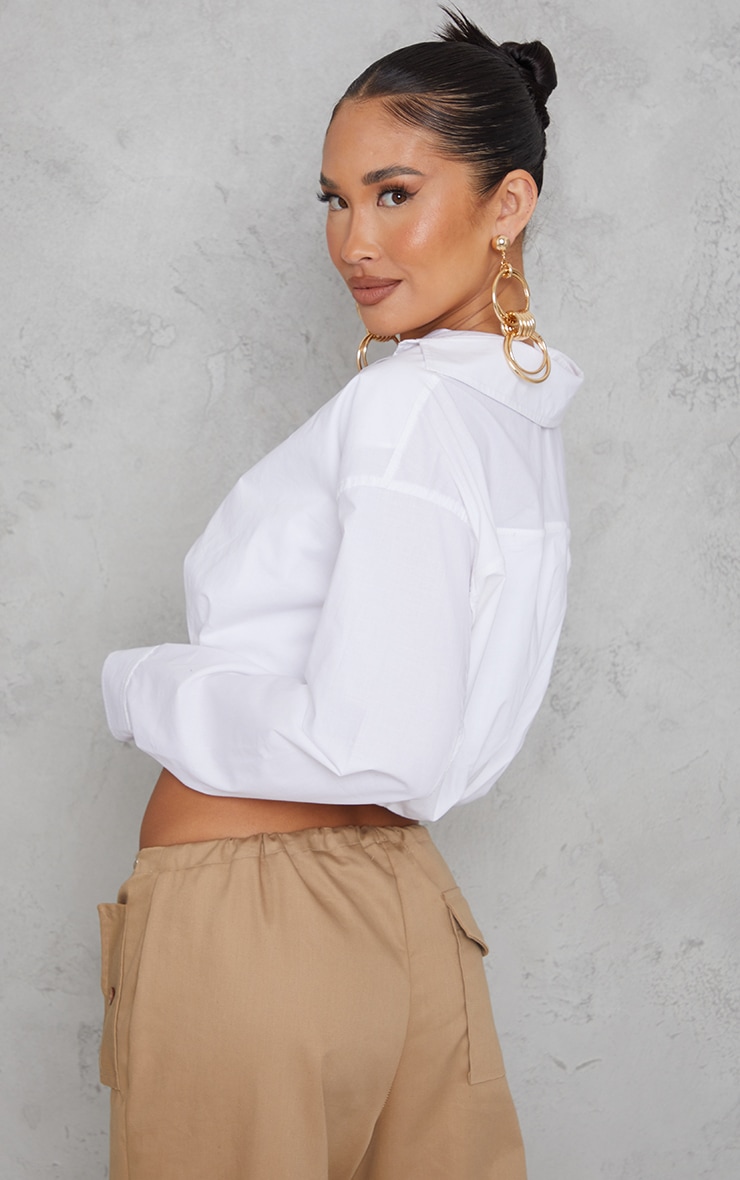 White Cotton Ruched Bust Crop Long Sleeve Shirt image 2