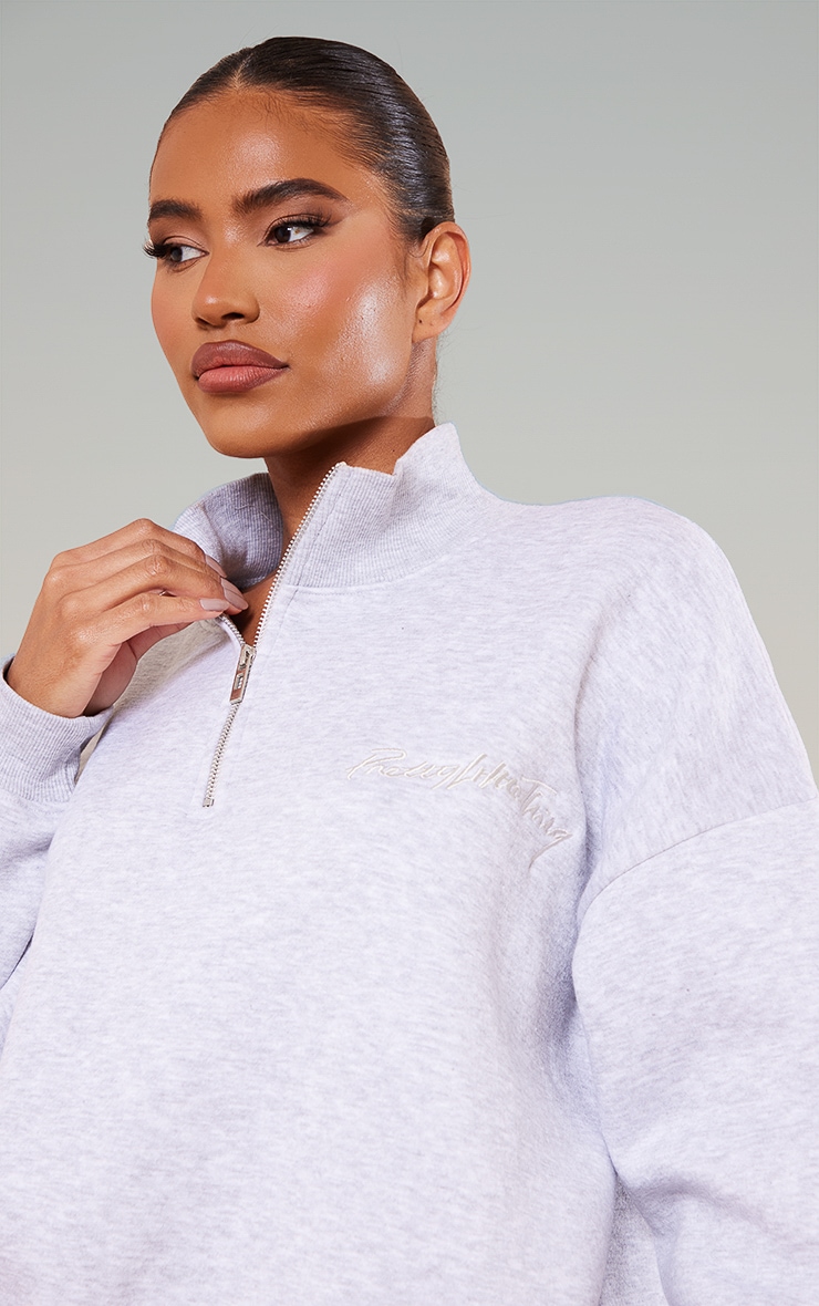 PRETTYLITTLETHING Grey Oversized Embroidered Half Zip Sweatshirt image 5