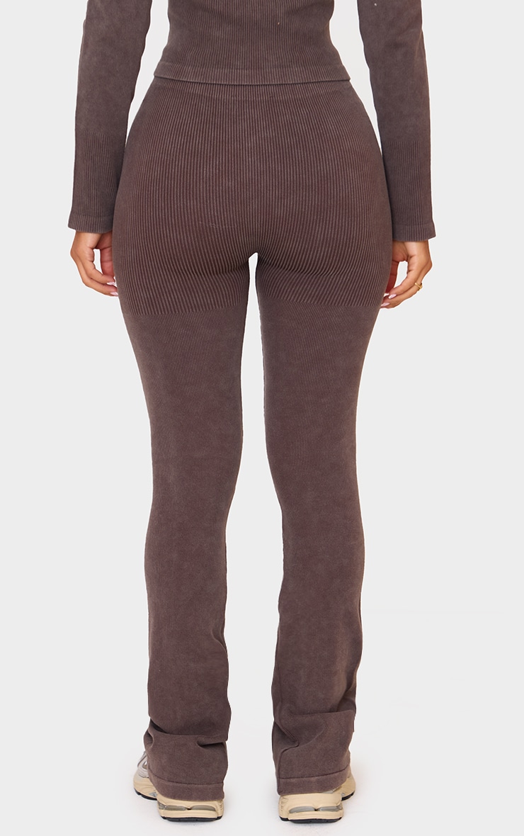 Petite Chocolate Faded Snatched Rib Button Detail Flare Leggings image 3