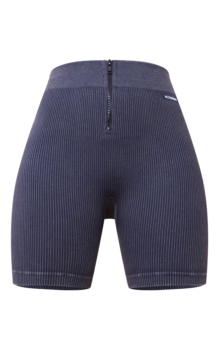 Charcoal Acid Wash Seamless Rib Zip Up Sport Shorts image 6